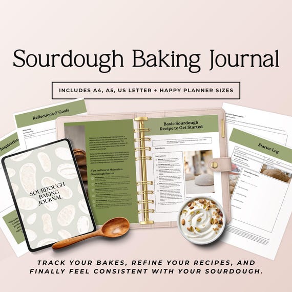 Sourdough Journal Printable PDF | Bread Baking Journal | Starter Log & Recipe Tracker | 17 Page Planner | A4 A5 Letter, Sprint