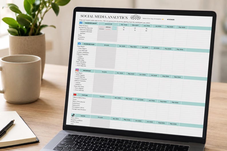 May include: A laptop displays a "Social Media Analytics" spreadsheet. The screen shows a table with rows for Facebook, Instagram, YouTube, and TikTok metrics. A coffee mug, a notebook, and a plant are on the wooden desk.