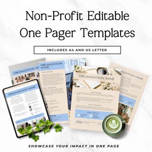 Può includere: Una raccolta di modelli modificabili di una pagina per organizzazioni non profit con il testo Non-Profit Editable One Pager Templates e Includes A4 and US Letter. I documenti mostrano sezioni per nome dell'organizzazione, storia, missione.