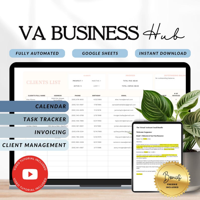 Virtual assistant task tracker spreadsheet for small business owners
Client management template for virtual assistants on Etsy