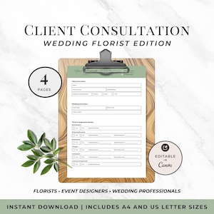 Wedding Florist Consultation Form Template Floral Design Planning Guide Editable Client Order Questionnaire Custom Bridal Bouquet Planner