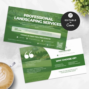 Plantilla de tarjeta de presentación de paisajismo Diseño de tarjeta de cuidado del césped personalizado Plantilla de Canva editable para jardineros, servicios de árboles y profesionales al aire libre