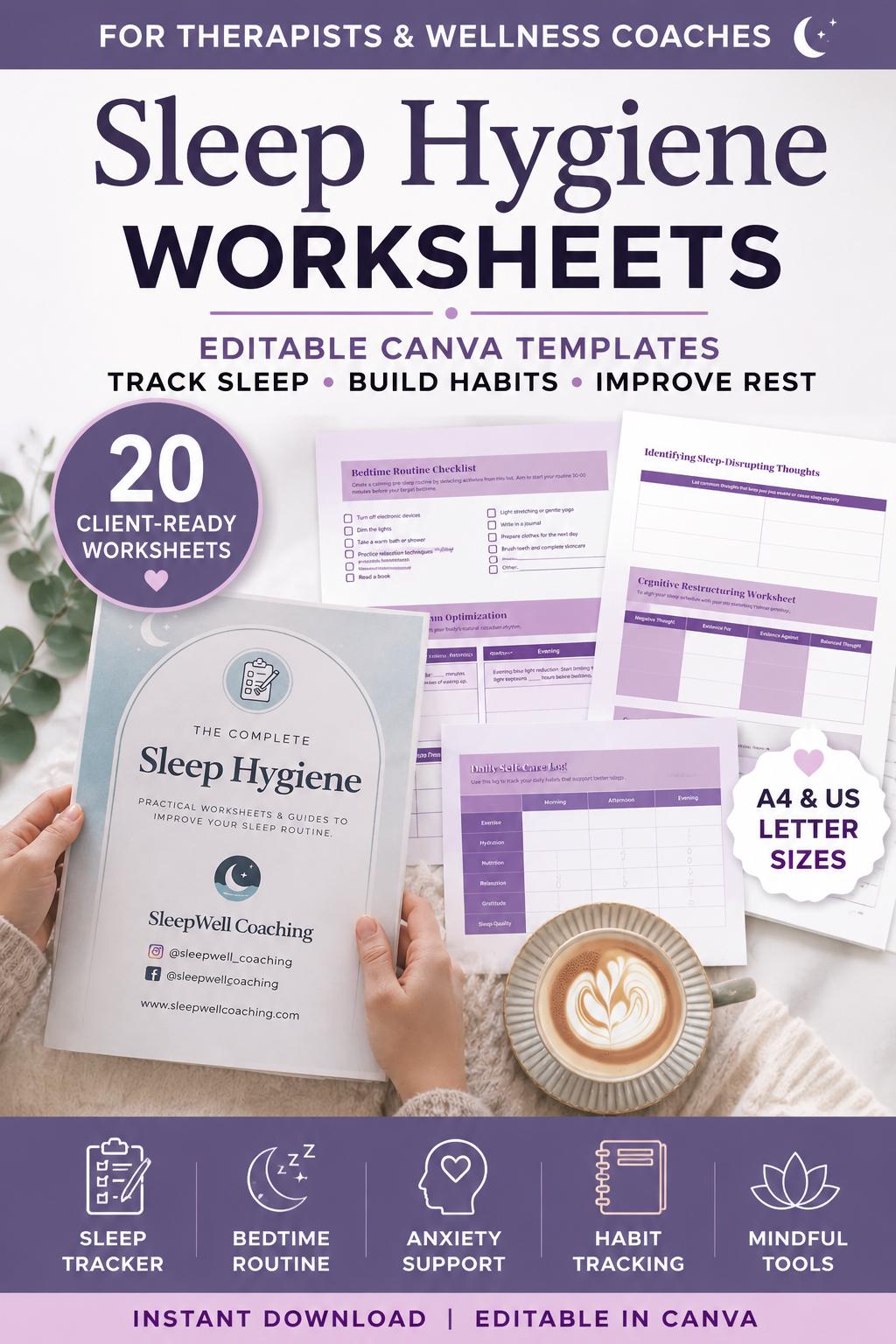Sleep Hygiene Worksheets for Therapists, Editable Canva Sleep Journal ...