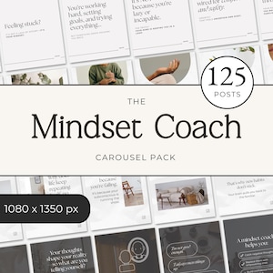 May include: A digital product mockup featuring a collection of 125 social media posts. The design includes text such as "The Mindset Coach" and various motivational phrases. The color scheme is primarily black and white.