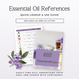 May include: A printed guide titled Essential Oil References Quick Lookup & Use Guide, including A4 and US Letter sizes. The document features a table of essential oils with properties and uses, alongside a cover page labeled Essential Oil List.