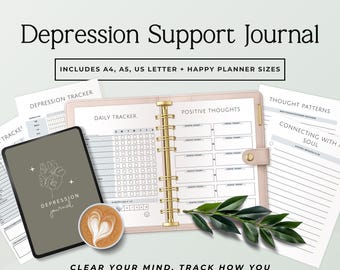 May include: A beige Depression Support Journal with gold accents, open to a daily tracker page. Includes a tablet with the words "Depression Journal" and a coffee cup with a heart design. Text reads "Clear your mind. Track how you feel. Finally make sense of it all."