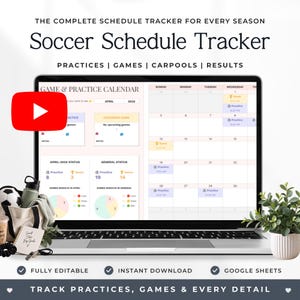 Puede incluir: Un rastreador digital de horarios de fútbol en la pantalla de una computadora portátil, con un calendario de juegos y prácticas, gráficos de estado mensual y una vista semanal para abril de 2026 con secciones para prácticas y resultados.