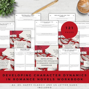 Pode incluir: Um caderno de exercícios intitulado "Developing Character Dynamics in Romance Novels Workbook" com um design vermelho e branco. O caderno de exercícios inclui 121 páginas e está disponível nos tamanhos A4, A5, Happy Classic e US Letter.