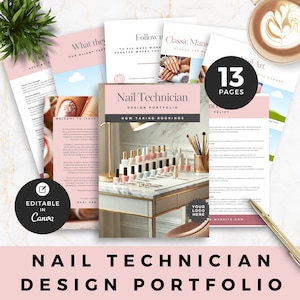 Portfólio de design de técnico em unhas para pacote de marketing de salão de beleza Modelo de preços de negócios de beleza Guia de serviços de salão editável Canva