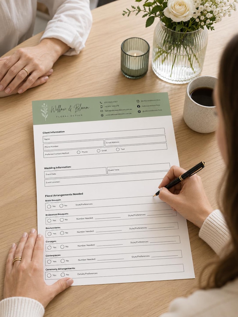 May include: A white floral design client information form with a sage green header featuring the text Willow & Bloom Floral Design. The document includes sections for client details, wedding information, and a checklist for floral arrangements.
