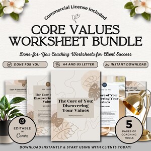 Puede incluir: Un paquete de descarga digital de hojas de trabajo imprimibles para descubrir los valores fundamentales. Las hojas de trabajo presentan un esquema de color beige y marrón con un diseño de hojas tropicales. El texto en las hojas de trabajo dice "El núcleo de ti: Descubriendo tus valores".