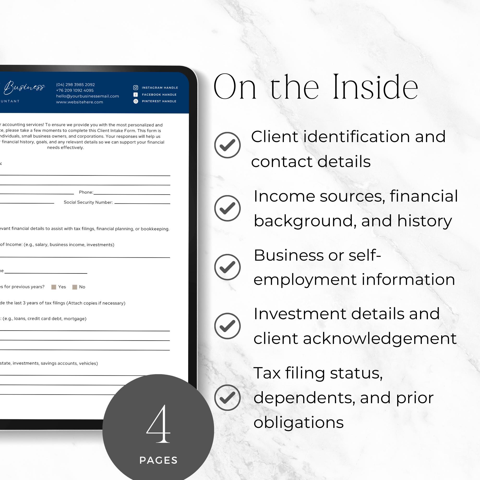Accountant Client Intake Form Template, Editable Bookkeeping Client ...