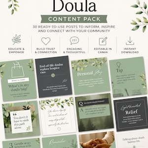 May include: A digital content pack for end-of-life doulas featuring 30 editable social media post templates. The design uses a sage green and white color palette with botanical leaf accents, displaying various text-based graphics and icons.