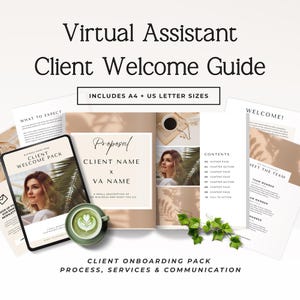 以下が含まれることがあります： 「Virtual Assistant」と「Client Welcome Guide」のテキストが入ったクライアントウェルカムガイド。 A4とUSレターサイズが含まれています。 ガイドには、提案、コンテンツページ、ウェルカムページが含まれています。 コーヒーカップとグリーンドリンクも表示されています。