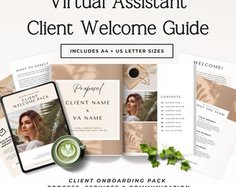 May include: A Virtual Assistant Client Welcome Guide document set featuring a tablet displaying a welcome pack, a proposal page, and multiple printed sheets with text, headers, and imagery. The design includes beige tones, leaf shadows, and a green coffee cup.