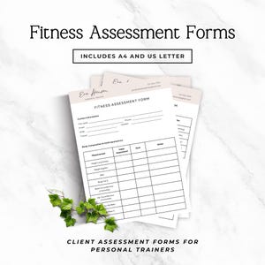 May include: A stack of fitness assessment forms for personal trainers. The forms include sections for client contact information and body composition measurements in inches and pounds. The text includes "Fitness Assessment Forms" and "Includes A4 and US Letter".