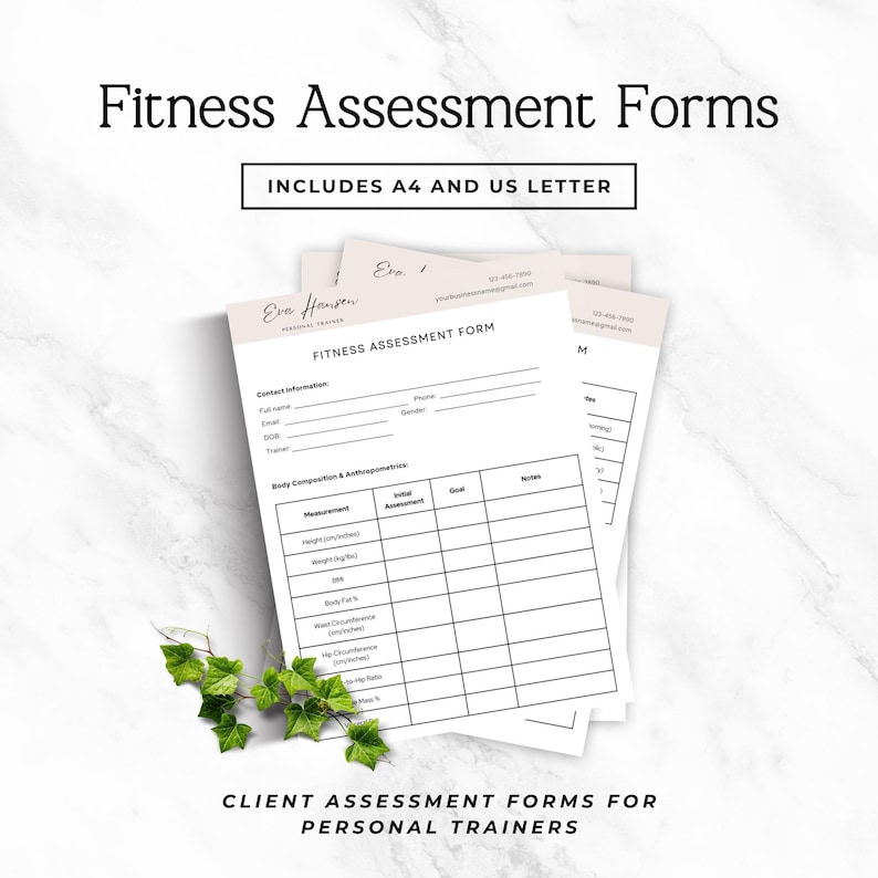 May include: A stack of fitness assessment forms for personal trainers. The forms include sections for client contact information and body composition measurements in inches and pounds. The text includes "Fitness Assessment Forms" and "Includes A4 and US Letter".