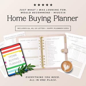 May include: A Home Buying Planner set featuring a digital tablet with a colorful striped cover, a blush pink ring-bound organizer with a Home Checklist, and printed sheets including a Walkthrough Checklist, House Scorecard, and Evaluation Sheet.