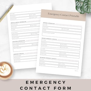 Medical Contact Emergency Form, Family Info Worksheet, Printable Emergency Contact Sheet for Kids, Family Contact Caregivers and Babysitter