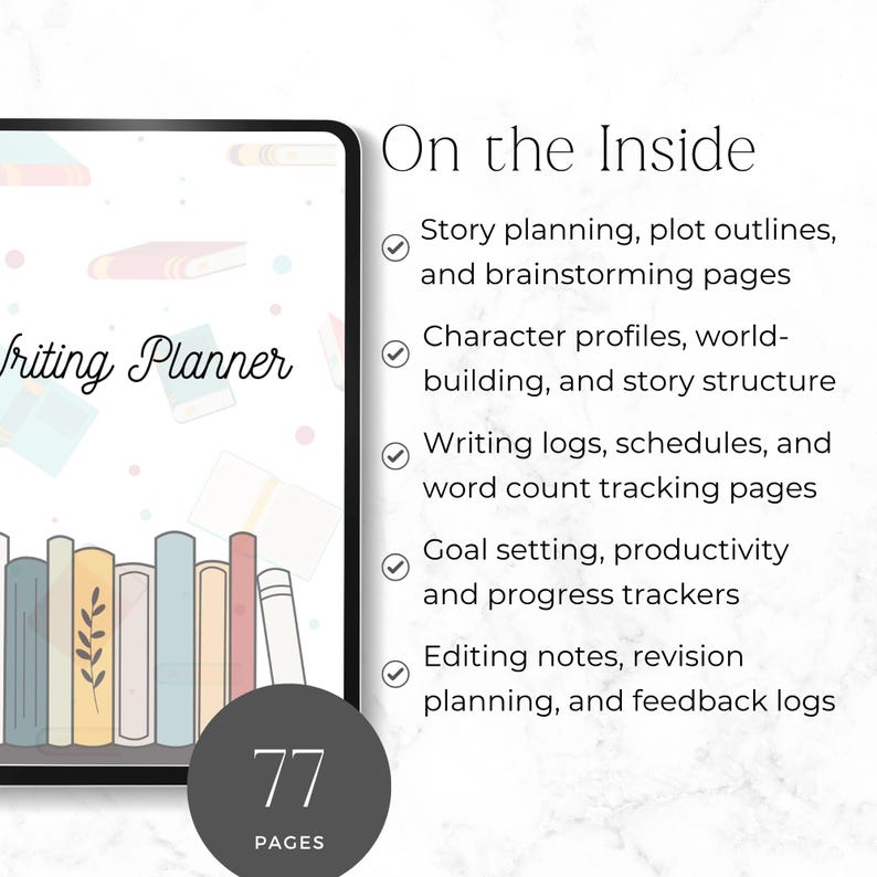 author productivity planner with word count and progress tracking
novel planning workbook with story structure and brainstorming pages