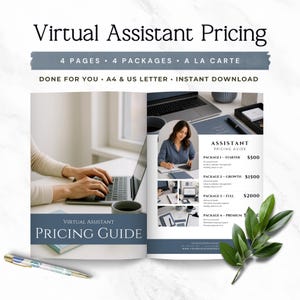Può includere: Un modello di guida ai prezzi per assistente virtuale di quattro pagine con uno schema di colori blu e bianco. Il documento include testo per quattro pacchetti di servizi, formati A4 e US Letter, e spazio per il branding aziendale.
