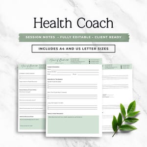 Pode incluir: Notas de sessão para Health Coach, totalmente editáveis, prontas para o cliente, nos tamanhos A4 e US Letter. O design apresenta um layout limpo e minimalista com um esquema de cores verde claro e branco. As notas incluem seções para informações de contato, metas e notas.