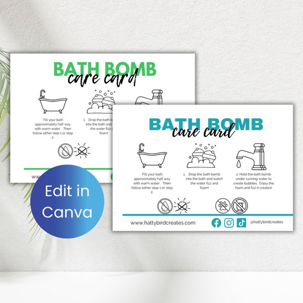 Editable Bath Bomb Care Card Template Bath Fizzer Instructions Bath Melt Guide Small Business Packing Insert Fizzing Bath Treatment Card