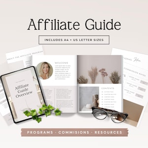 May include: An open book and tablet display the title "Affiliate Guide" with the text "Includes A4 + US Letter Sizes." The image includes a woman's portrait, glasses, and the words "Programs, Commissions, Resources."