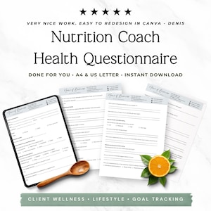 Può includere: Un set di documenti Nutrition Coach Health Questionnaire composto da più pagine con testo stampato, un cucchiaio di legno e un'arancia a fette con foglie verdi. Il testo include intestazioni come Nutrition Coach Health Questionnaire e Client Wellness.