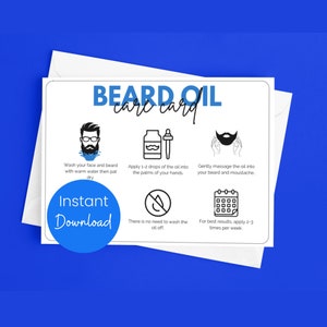Modelo de cartão de cuidados com óleo de barba | Guia de crescimento de barba para homens para impressão | Etiqueta de óleo de bigode | Marca de barbearia | Cartão de visita de cuidados com a barba