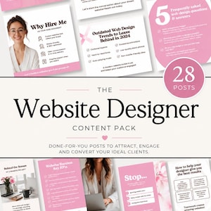 Pu&ograve; includere: Un pacchetto di contenuti digitali per web designer con 28 modelli per post sui social media. La collezione include grafiche rosa e bianche con testo su consigli di web design, liste di controllo, domande frequenti e servizi professionali.