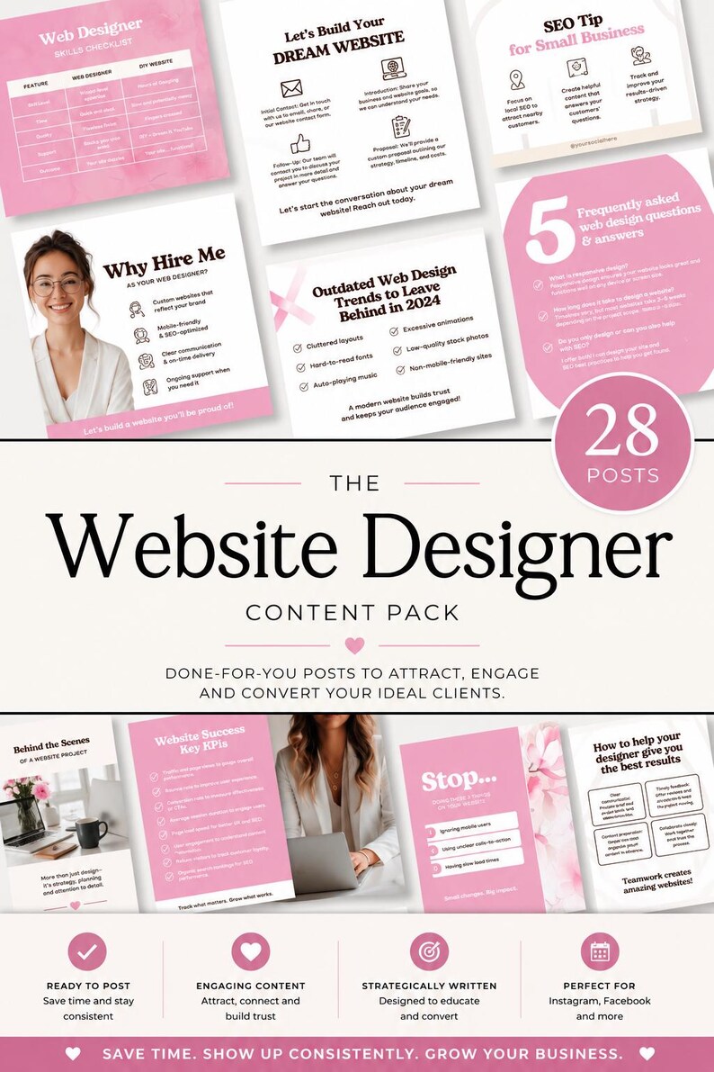 Pu&ograve; includere: Un pacchetto di contenuti digitali per web designer con 28 modelli per post sui social media. La collezione include grafiche rosa e bianche con testo su consigli di web design, liste di controllo, domande frequenti e servizi professionali.