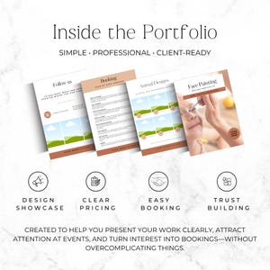 kids party face painting business portfolio template
editable face painting design catalogue Canva template