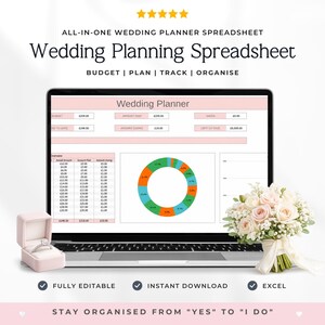 May include: A laptop screen displaying a wedding planning spreadsheet with budget, plan, track, and organize sections, a colorful donut chart, and financial data. A light pink ring box with a diamond ring and a bouquet of white and pink roses.