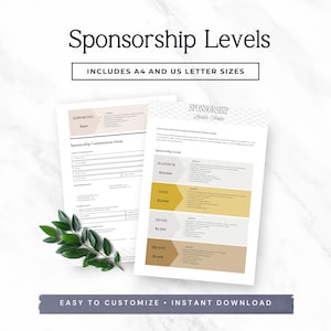 May include: A digital sponsorship levels template featuring two white pages with black text and colored banners. The document includes sections for Platinum, Gold, Silver, and Bronze levels, a commitment form, and the text: Sponsorship Levels, Includes A4 and US Letter Sizes, Easy to Customize, Instant Download.