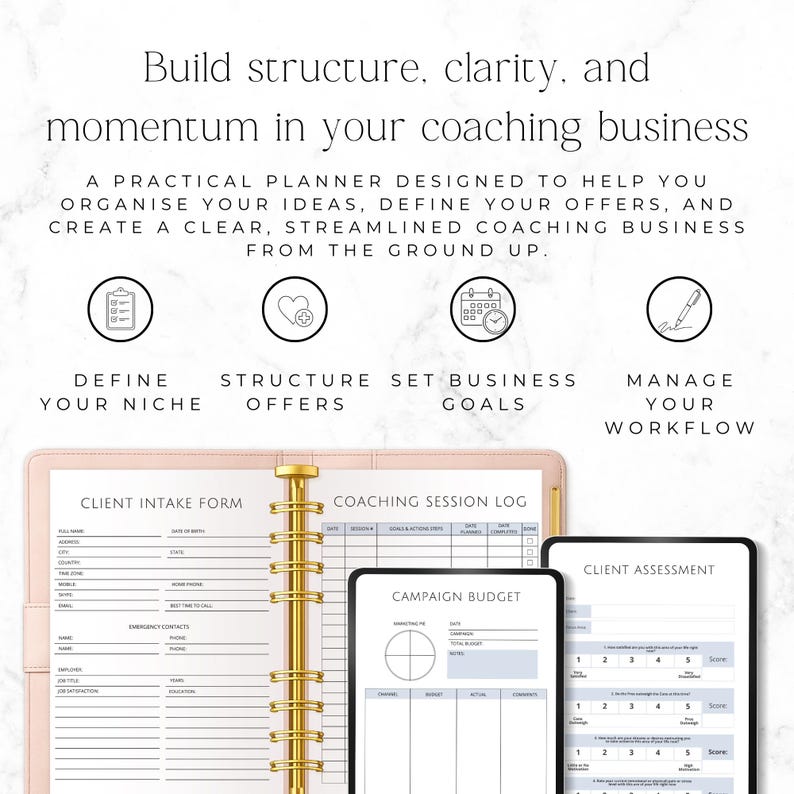 minimal coaching planner pages for client management
coaching session notes and client tracking planner