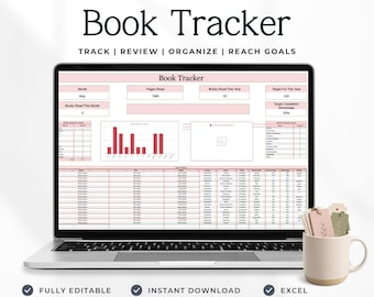 May include: A laptop screen displaying an all-in-one reading tracker spreadsheet titled Book Tracker with columns for tracking pages, books, and goals. Beside the laptop sits a white mug filled with several light-colored paper bookmarks.
