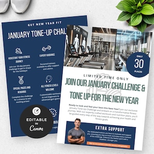 Fitness Challenge Flyer Vorlage Canva Bearbeitbares Fitnessstudio Marketing Poster Workout-Programm Promo Personal Trainer Bootcamp Event Flyer Design