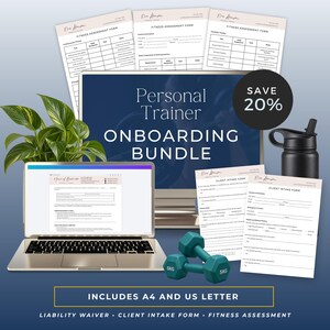 May include: A personal trainer onboarding bundle featuring digital fitness assessment and client intake forms displayed on a computer monitor and laptop screen, accompanied by two 5kg teal dumbbells, a black water bottle, and a green plant.