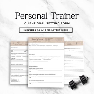 May include: Beige client goal setting forms for a personal trainer, with the text "Personal Trainer" at the top. The forms include sections for contact information, exercise routines, and fitness goals. A dumbbell is in the bottom right.