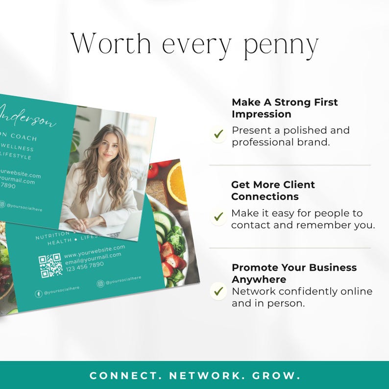Puede incluir: Una plantilla de tarjeta de presentaci&oacute;n con un esquema de color verde azulado y blanco, que incluye la foto de una persona, un c&oacute;digo QR y datos de contacto. El texto dice Worth every penny, Make A Strong First Impression, Get More Client Connections y Promote Your Business Anywhere, terminando con CONNECT. NETWORK. GROW.