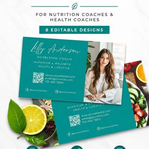 Puede incluir: Un conjunto de plantillas de tarjetas de visita editables para asesores nutricionales con un dise&ntilde;o en color verde azulado y blanco. Las tarjetas muestran un nombre, datos de contacto, iconos de redes sociales, un c&oacute;digo QR y una foto.