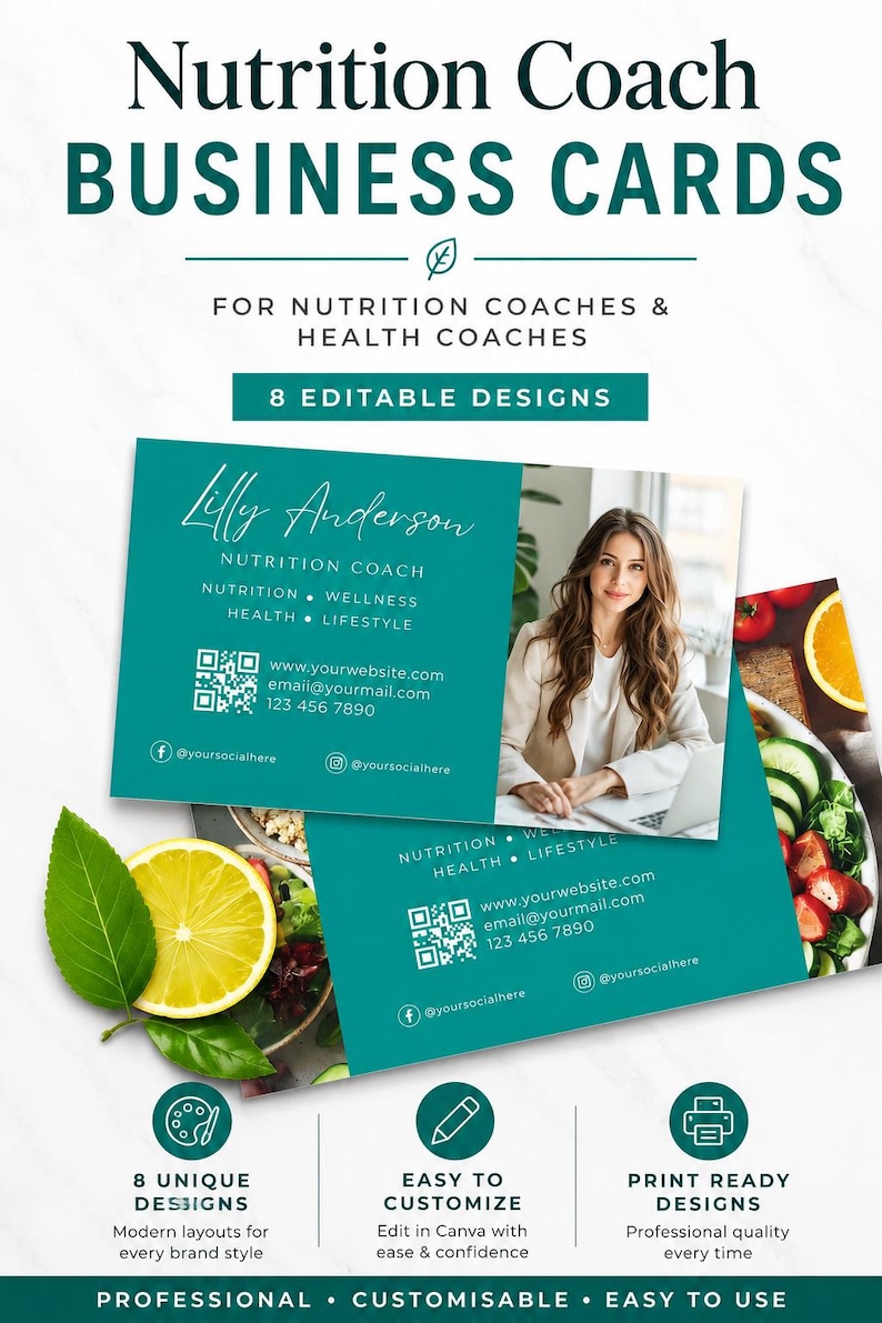 Puede incluir: Un conjunto de plantillas de tarjetas de visita editables para asesores nutricionales con un dise&ntilde;o en color verde azulado y blanco. Las tarjetas muestran un nombre, datos de contacto, iconos de redes sociales, un c&oacute;digo QR y una foto.