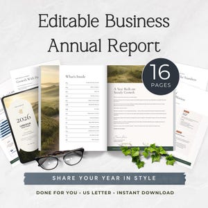 Puede incluir: Una plantilla de informe anual de negocios editable de 16 páginas, que incluye una portada con el texto 2026 LARKSPUR PARTNERS, una tabla de contenido y una página titulada A Year Built on Steady Growth, acompañada de gafas de montura negra e hiedra.