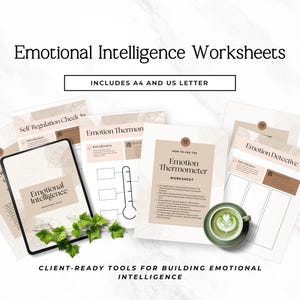 Op de afbeelding: Een verzameling beige en witte werkbladen voor emotionele intelligentie, waaronder een tablet en een kopje matcha. De werkbladen bevatten titels als "Self Regulation Check In" en "Emotion Thermometer". De tekst luidt "Emotional Intelligence Worksheets".