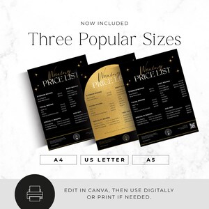 May include: Three black and gold waxing price list templates with the text "NOW INCLUDED Three Popular Sizes" and "Waxing PRICE LIST". The templates are labeled A4, US Letter, and A5, featuring sections for eyebrow, facial, and body waxing services.