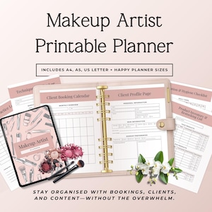 May include: A makeup artist printable planner set featuring a blush pink binder with gold rings, a cover page with makeup illustrations, and various internal pages including a client booking calendar, client profile page, and inventory checklist.