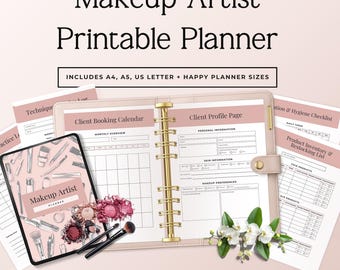 Peut inclure: Un ensemble de planificateur imprimable pour maquilleur comprenant un classeur rose poudré avec des anneaux dorés, une page de couverture illustrée de maquillage et diverses pages internes dont un calendrier de réservation et une fiche client.