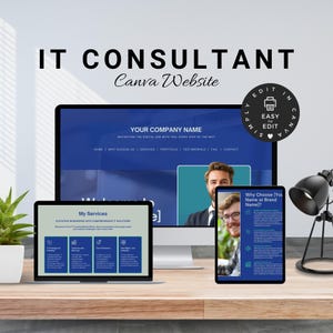 Peut inclure: Une maquette de site web pour une entreprise de conseil en informatique. Le site web est bleu et blanc et présente une photo d'un homme en costume. Le texte sur le site web dit "Votre Nom d'Entreprise" et "Naviguer dans l'ère numérique avec vous, à chaque étape du chemin."