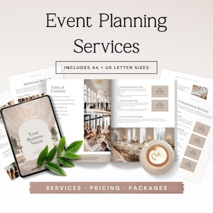 Modelo de Lista de Preços para Planejadores de Eventos | Guia de Preços para Planejadores de Eventos | Guia de Serviços para Clientes Editável no Canva | Pacote de Boas-Vindas | Formatos A4 e Carta (EUA)